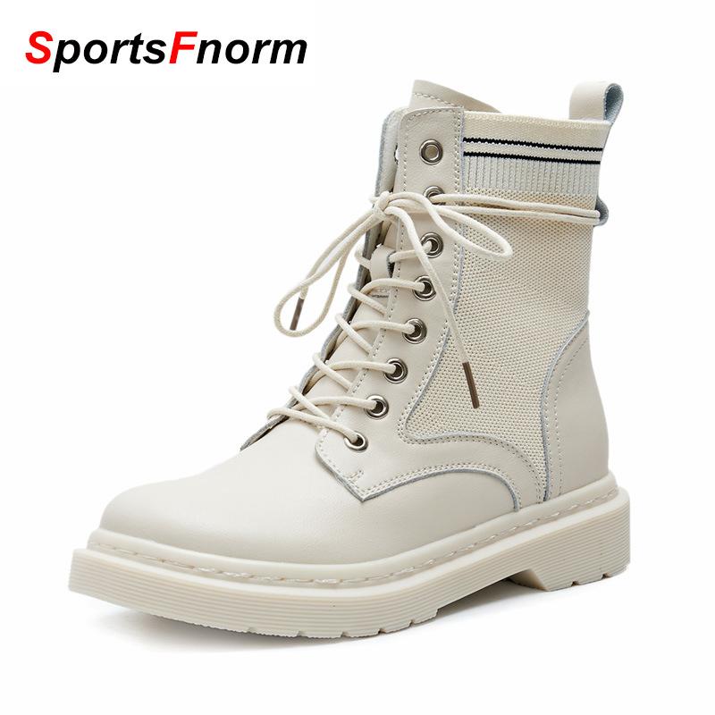 

Boots Women Design British style Genuine Leather Ankle Boots Winter Punk Booties Elasticity Platform de mujer, Beige