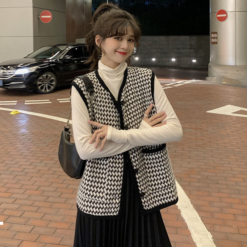 

New vintage 2021 tweed sleeveless vest free jacket black pockets hound stooth chess y168 TW4Y, Heise