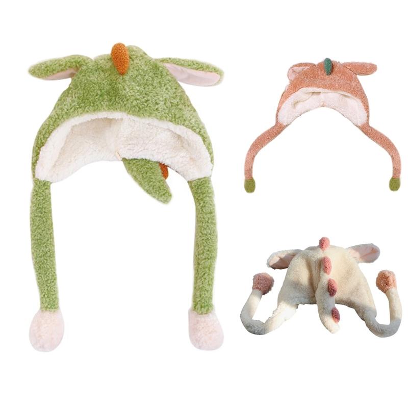 

Women Winter Fluffy Plush Hoodie Scarf Hat with Moving Jumping Ears Funny Cartoon Dinosaur Toy Thicken Warm Earflap Cap, White