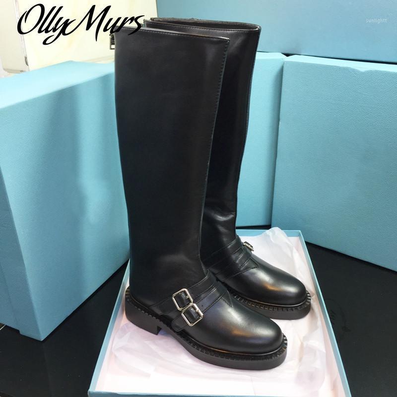 

Ollymurs Woman Riding Boots Buckle Black Genuine Leather Round Toe Womens Designer Boots Knee-High Zapatos De Mujer1, As picture