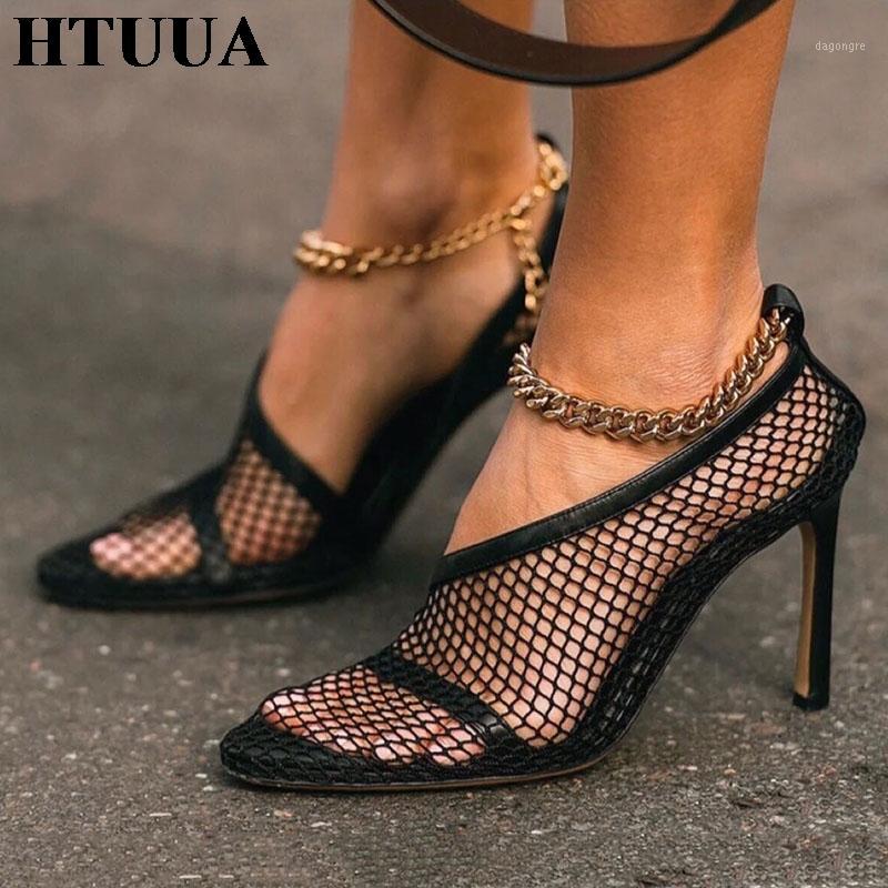 

HTUUA New designer lace air mesh Women Pumps hollow out shallow chain High heels Elegant Summer Office Ladies Shoes 35-41 SX41631, Apricot