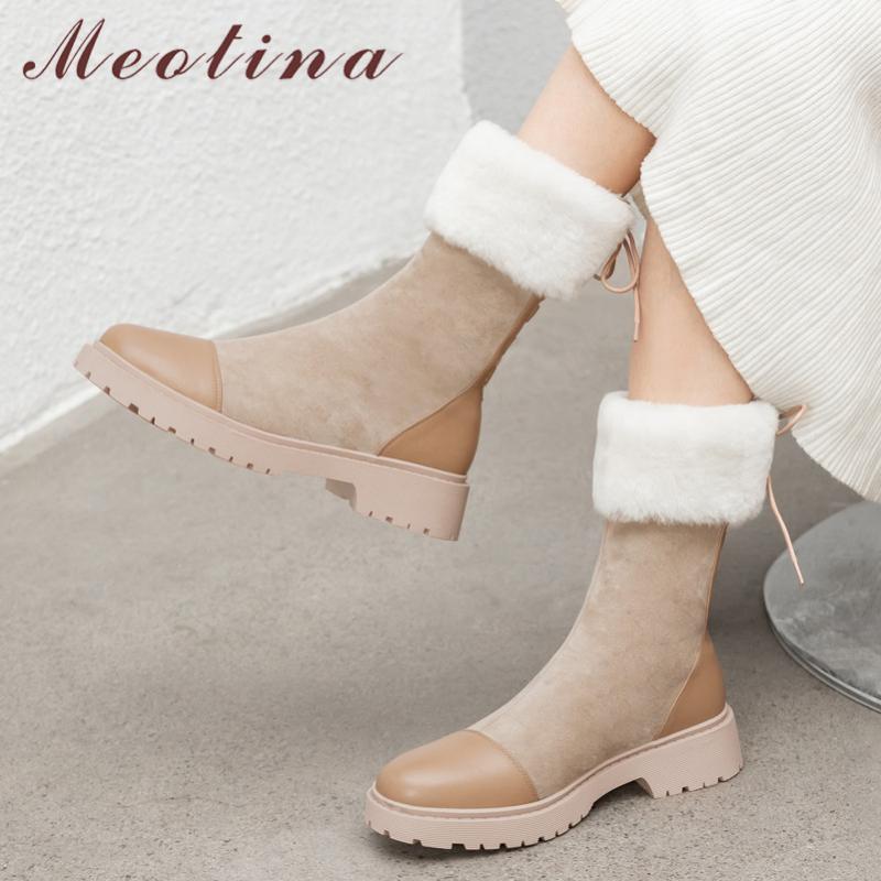 

Meotina Natural Genuine Leather Real Fur Snow Boots Women Block Heels Ankle Boots Round Toe Mixed Colors Shoes Lady Winter 34-391, Black