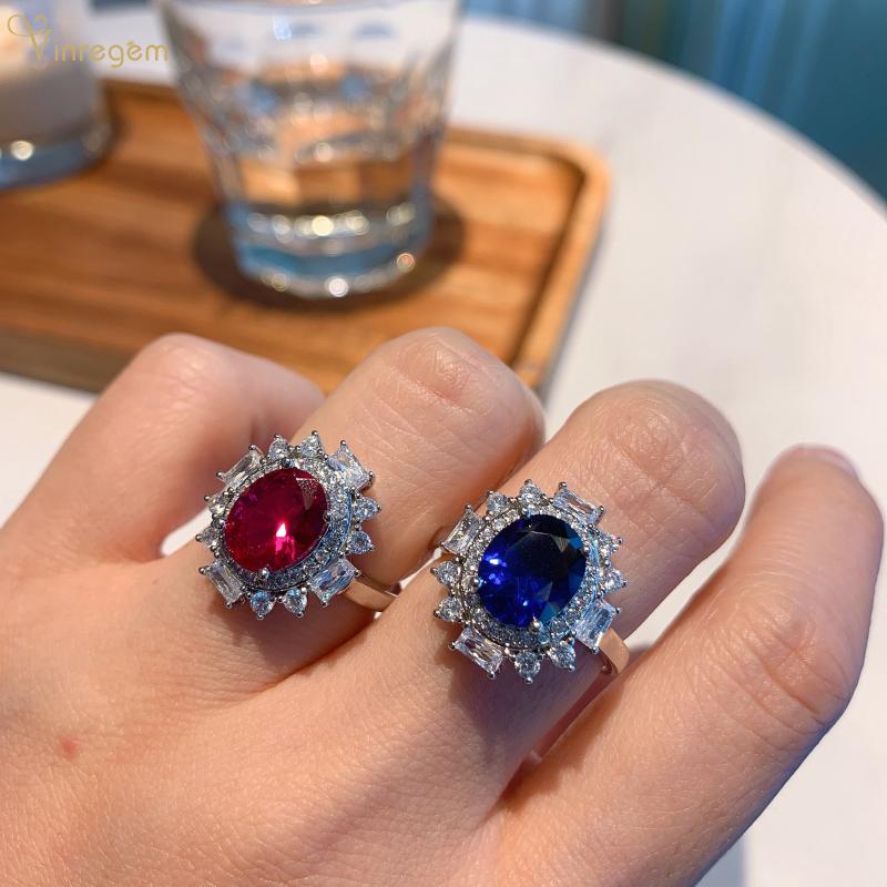 

Cluster Rings Vinregem Elegant Vintage 925 Sterling Silver Oval Cut Ruby Sapphire Gemstone Wedding Party Ring For Women Fine Jewelry Wholesa, Golden;silver