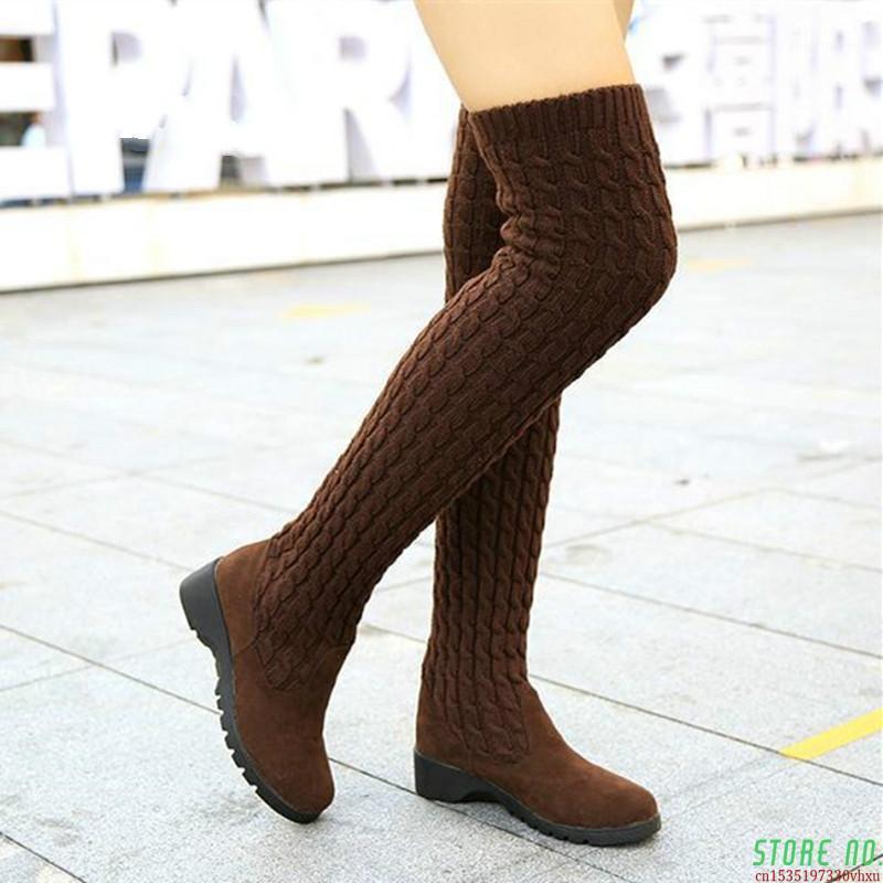 

Women's High Boots 2021 Autumn Winter Knitting Wool Ladies Shoes Thigh High Boots For Women Long Boot Wedges Woman Boot1, Grey