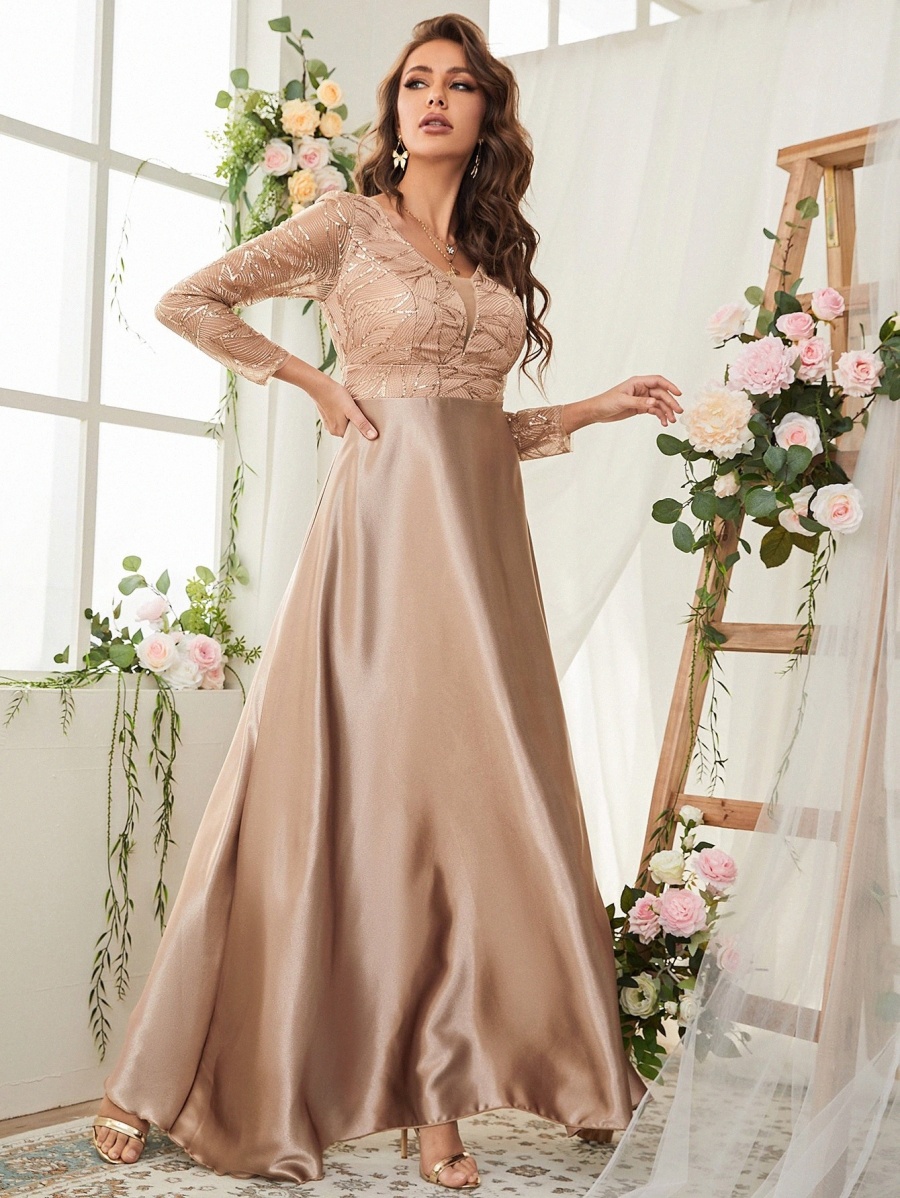 

Sequin Decor Mesh Panel Satin Prom Dress Z1Q8#, Champagne