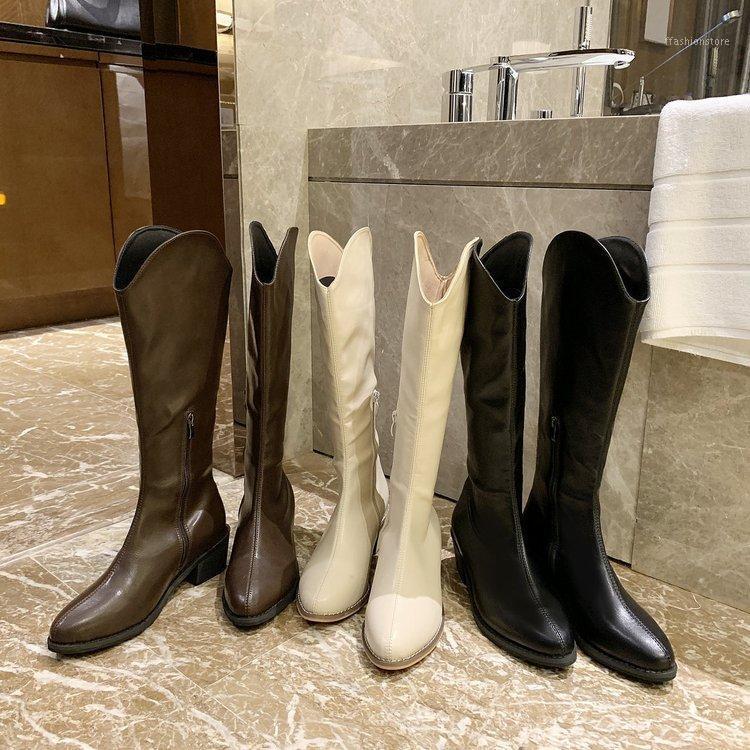 

Winter Boots Women 2020 Beige Black Dark Brown Botas Mujer Round Toe Chic Sewing Shoes Woman Chunky Heels Side Zipper Zapatos1, As shown