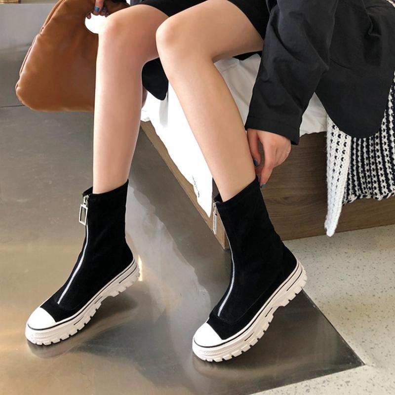 

2021 New Spring/Autumn Women Shoes Stretch Fabric Casual Platform Girls Shoes Short Boots Zipper Comfortable Flat Boots Sneakers, Black