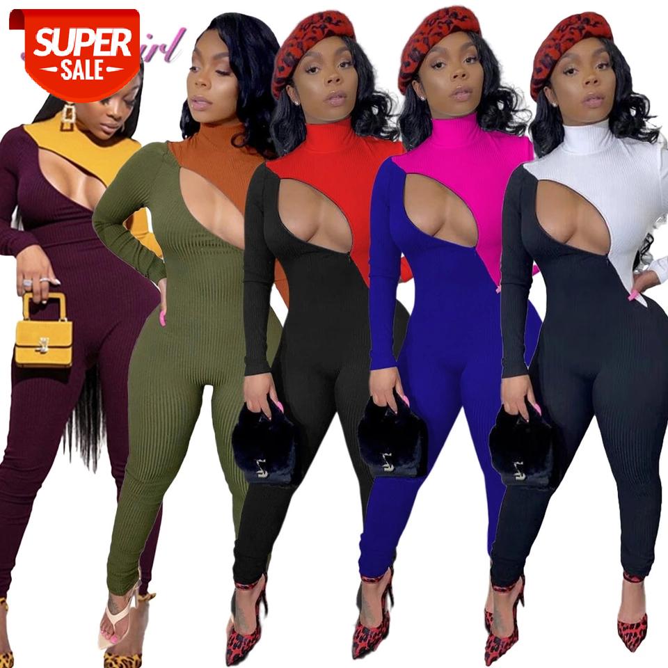 

Fitness Activewear Ribbed Knit Zipper Patchwork Long Sleeve Bodycon Jumpsuit Women Sexy Outfit Night Party Rompers Overalls #iA6k, Black;white
