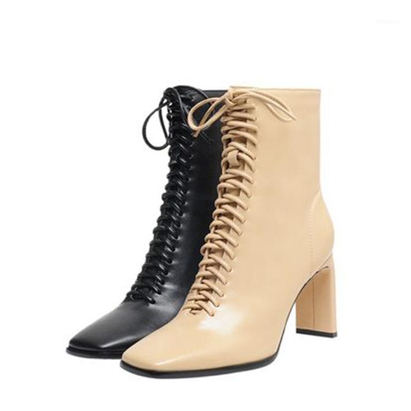 

Boots Women Ankle Brand Shoes Square Heels Sexy 2020 Autumn Winter Boots High Heels For Women Fashion Lace Up Ankle Shoes1, White single