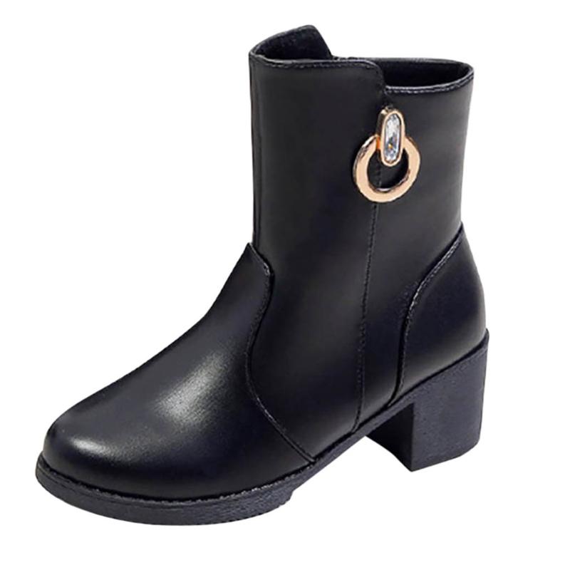 

Ladies Boots Thick And Non-slip Leather Striped Bottom Diamond Solid Zip Large Size Autumn Winter Ankle For Women, Black