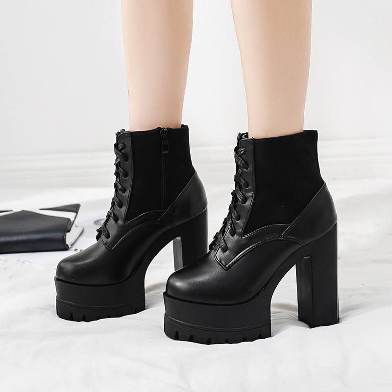 

YMECHIC 2020 Autumn Punk Gothic Thick Platform Ankle Motorcycle Women Boots High Heels Lace Up Booties Black Dance Ladies Shoes1