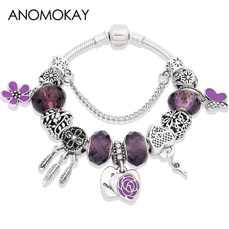 

Dropshipping Purple Crystal Flower Heart Charm Bracelet Silver Color Butterfly Deam Catcher Bead Bracelet DIY Fashion Jewelry