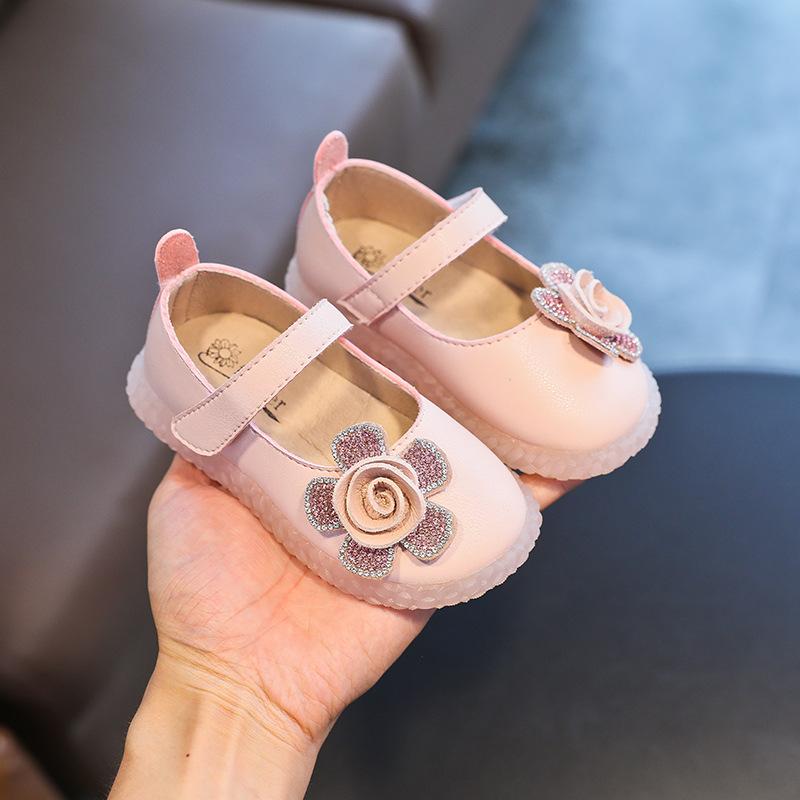 

Girls Leather Shoes Kids Flats Soft Princess Dress Shoes for Party Wedding Rhinestone Children's Rubber Sole Floral Flower, Pink