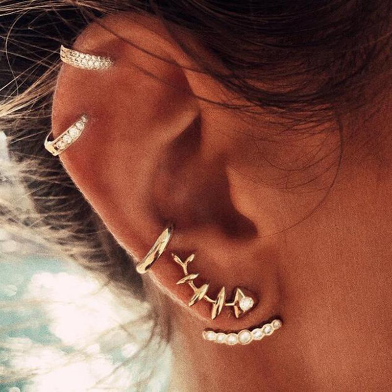 

4Pcs/Set Trendy Geometric Fish Bone Shape Earrings Ear Cuff for Women Girls Rhinestone Back Hanging Stud Earrings Jewelry