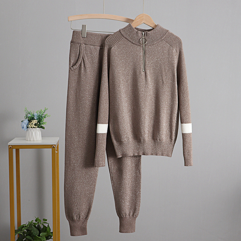 

2021 New Bling and Set Chic 2pcs Track Suits Zipper Women Pullover Sweater Autumn Winter Elastic Jumper Nae1, Gray