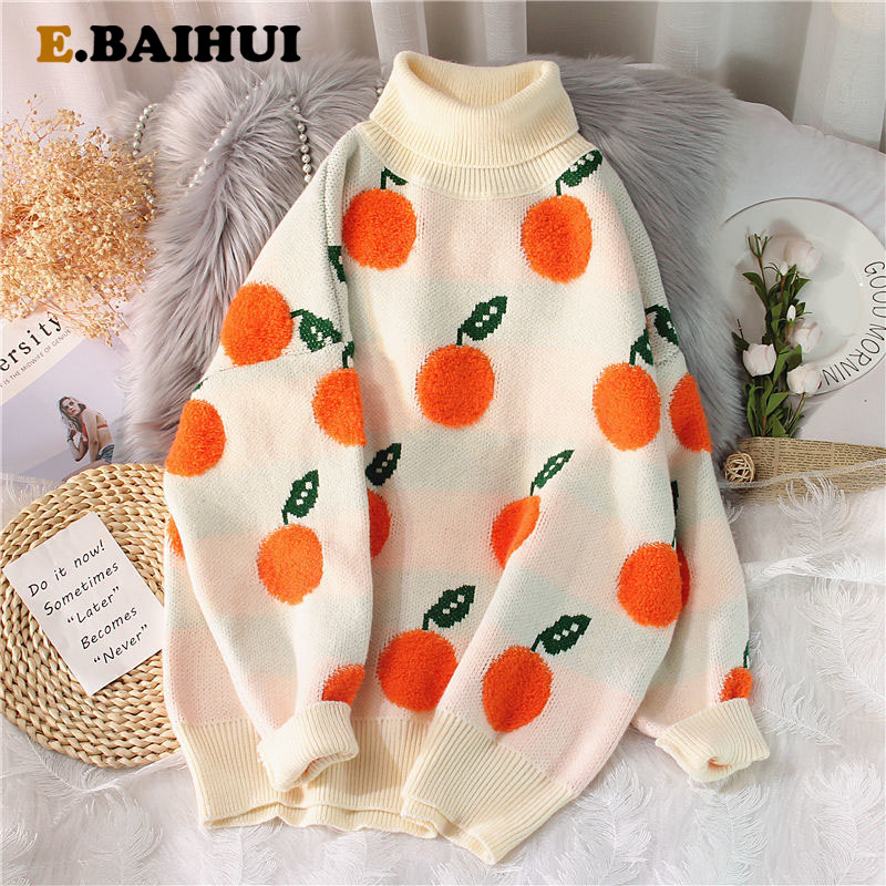 

EBAIHUI 2021 Autumn Winter Sweaters Pullover Cherry Pattern Long Sleeve Sweater Women Turtlene Knitted Jumpers Sweater Mujer, Turtleneck beige