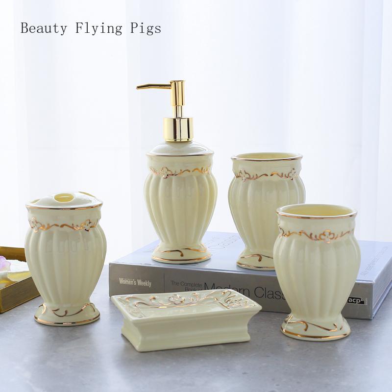 

5Pcs Direct new products court ceramic bathroom supplies exquisite washing kit mouthwash cup lotion bottle toothbrush holder