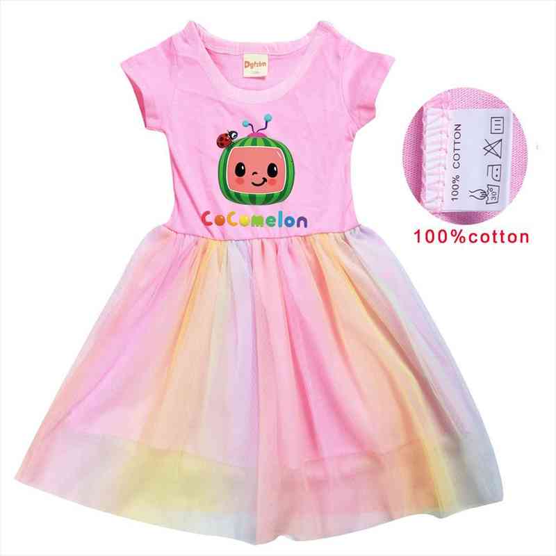 

z amp y kids cotton rainbow watermelon ladybug t shirt gauze mesh cartoon cocomelon princess dress children baby girls party clothes, Red;yellow
