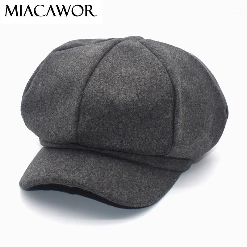 

Stingy Brim Hats MIACAWOR Wool Octagonal For Women British Vintage Beret Hat Solid Color Autumn Winter Casual Sboy Caps C21, Black