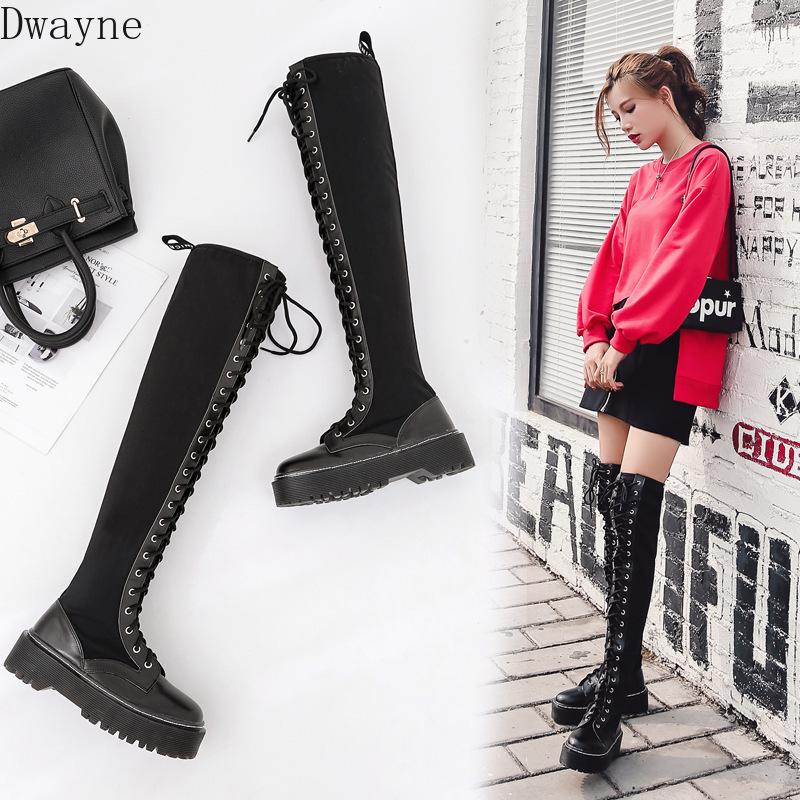 

2020 autumn and winter stretch cloth British College wind thick bottom with boots long tube over the knee women's boots, Black