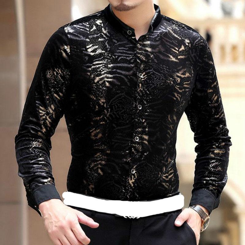 

Imported Clothing Mens Velvet Shirts cheval Chemise Homme Marque Luxe Camisa Social Masculina Slik Shirts Slim, Black