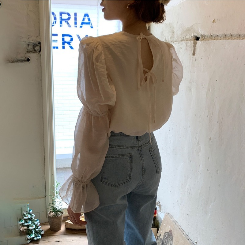 

2021 New Female Solid Organza Sweet Neck-neck Lantern Hollow Sleeves Out Shirts Back Korean Style Fashion Spring Shirt ITE0, Apricot