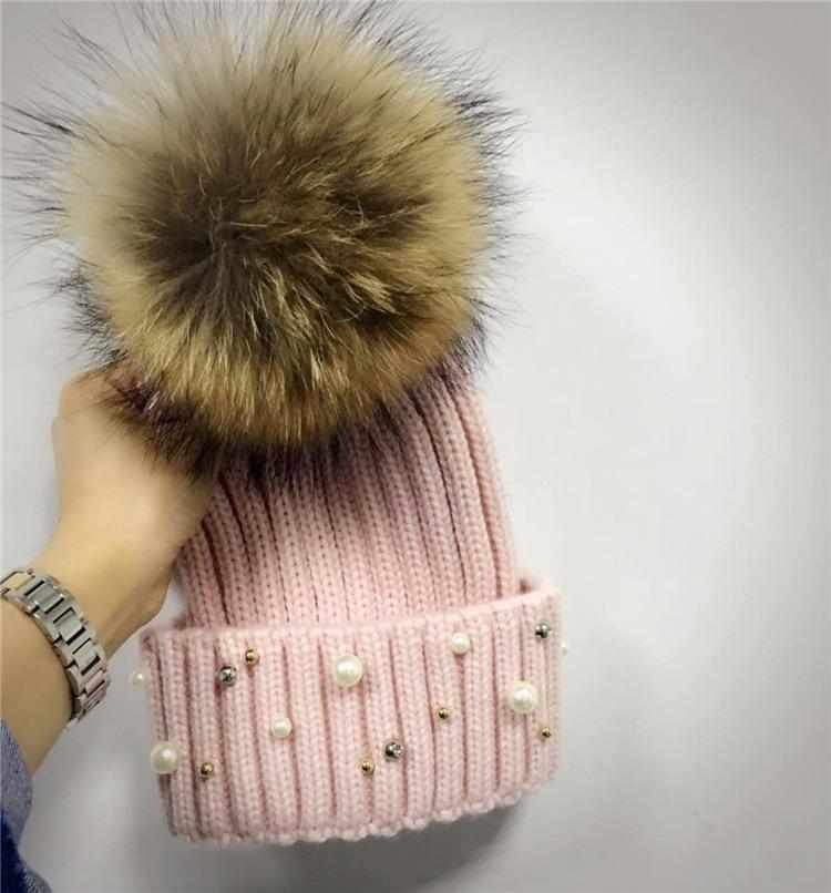 

Beanie/Skull Caps Winter Real Fur Ball Beanie Thick Knit Hat Women Warm Raccoon Pom Poms Skullies Beanies Wool Knitted, White