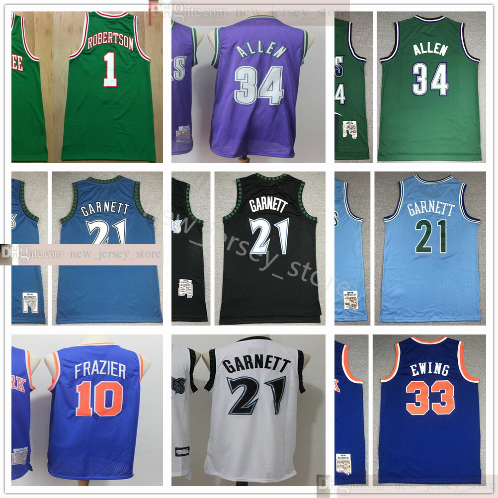 

Retro Stitched Basketball Kevin 21 Garnett Jersey Best Quality Green Ray 34 Allen Walt 10 Frazier Patrick 33 Ewing Jerseys Blue Black Purple, As the picture