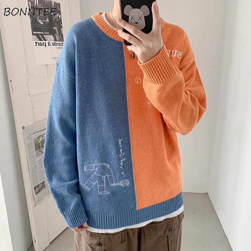 

Men Pullovers Sweater Cartoon Patchwork BF Trendy Paneled Casual Teenagers Autumn Knitted Outwears Simple Baggy All-match Jumper, Black