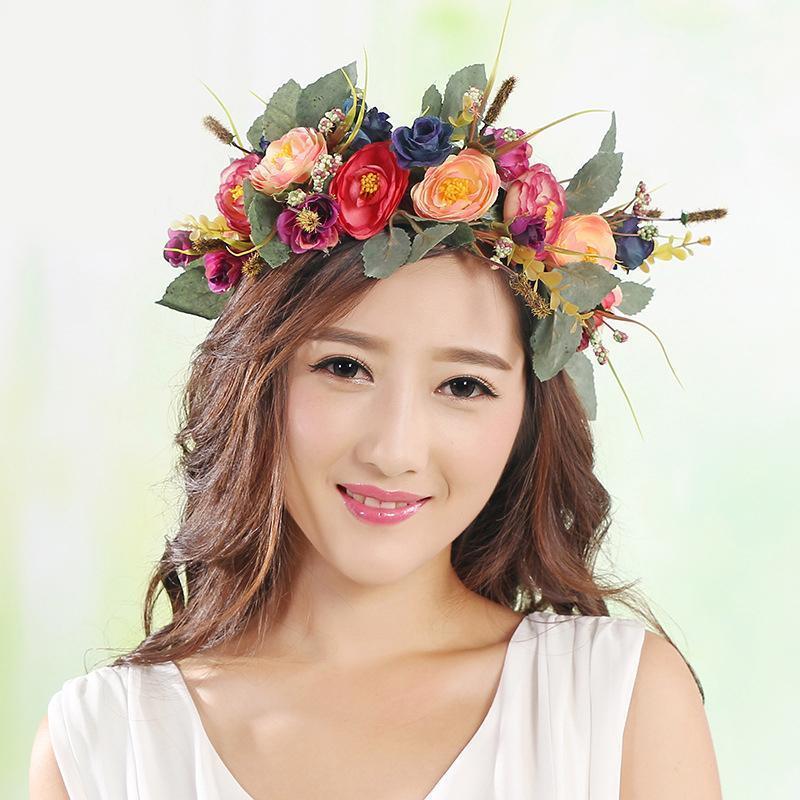

Hot Women Beach Party Crown Bride Wedding Flower Wreath Crown Headband Floral Headdress Flower Garland Hairband, Beige