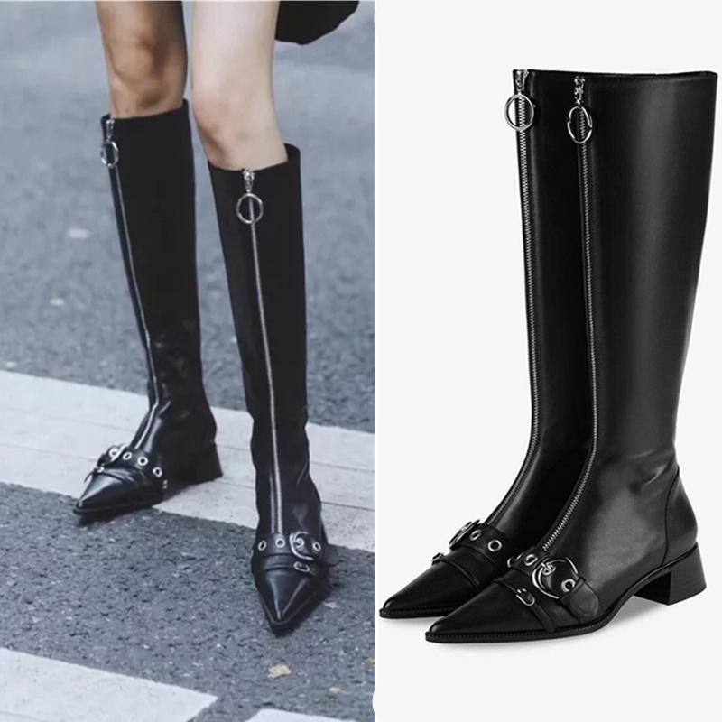 

Woman's Buckle Punk Knee High Long Boots Genuine Leather Pigskin Motorcycle Pointed Toe Zip Boots Women Sexy Tall, Black