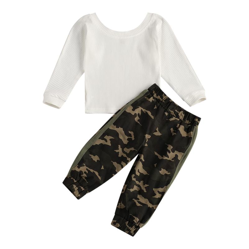 

2-7Years Kids Girls Clothes Sets Long Sleeve Solid Pullover Tops Camouflage Pants 2pcs Outfits, As pic