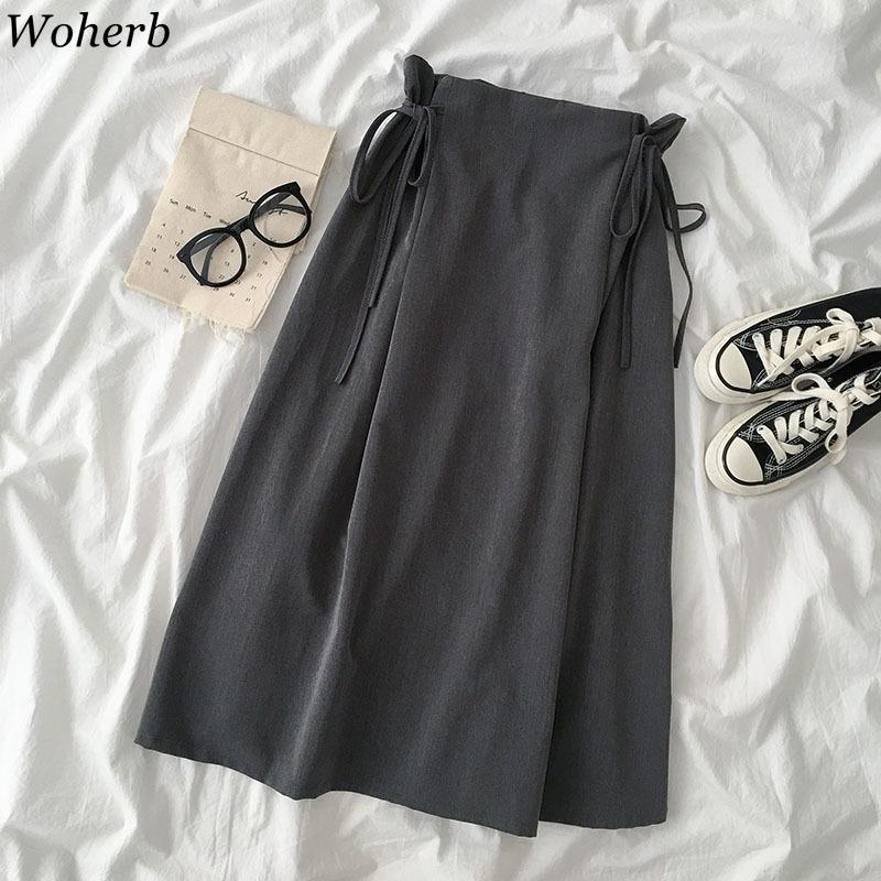 

Woherb Vintage Midi Skirts Women Loose Solid High Waist Lace Up Casual Skirts Female 2020 Spring Autumn A-line Faldas 2020, Black