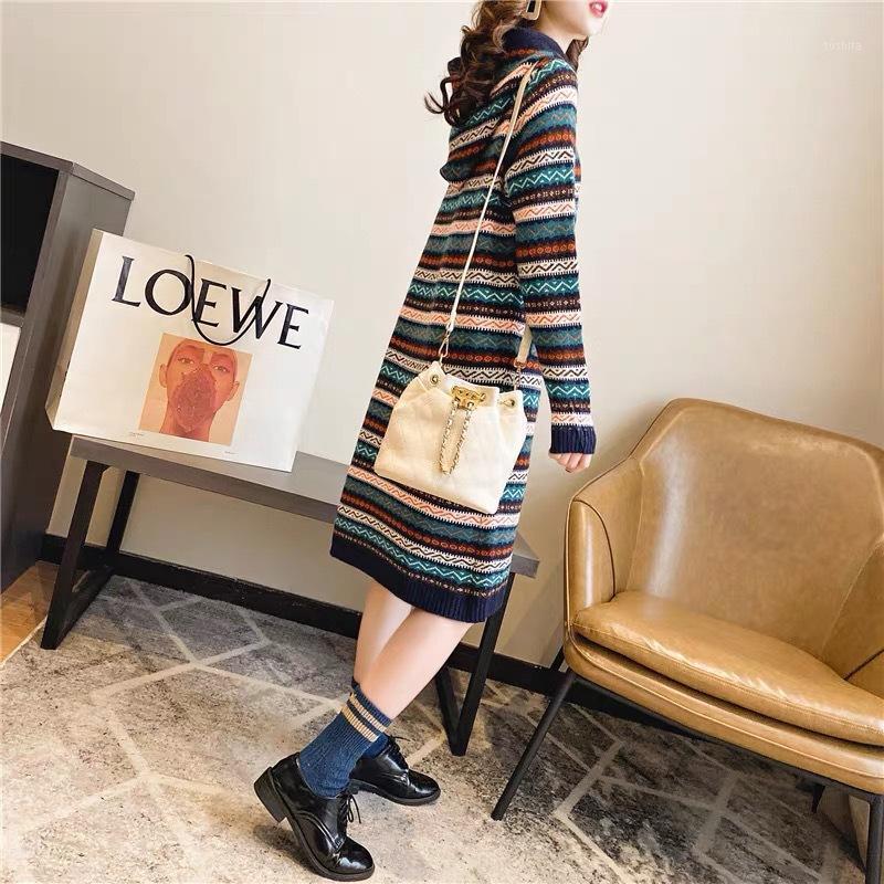 

Retro long ethnic striped over-the-knee sweater dress women loose long-sleeved hooded sweater coat 2020 women's clothing1, 01