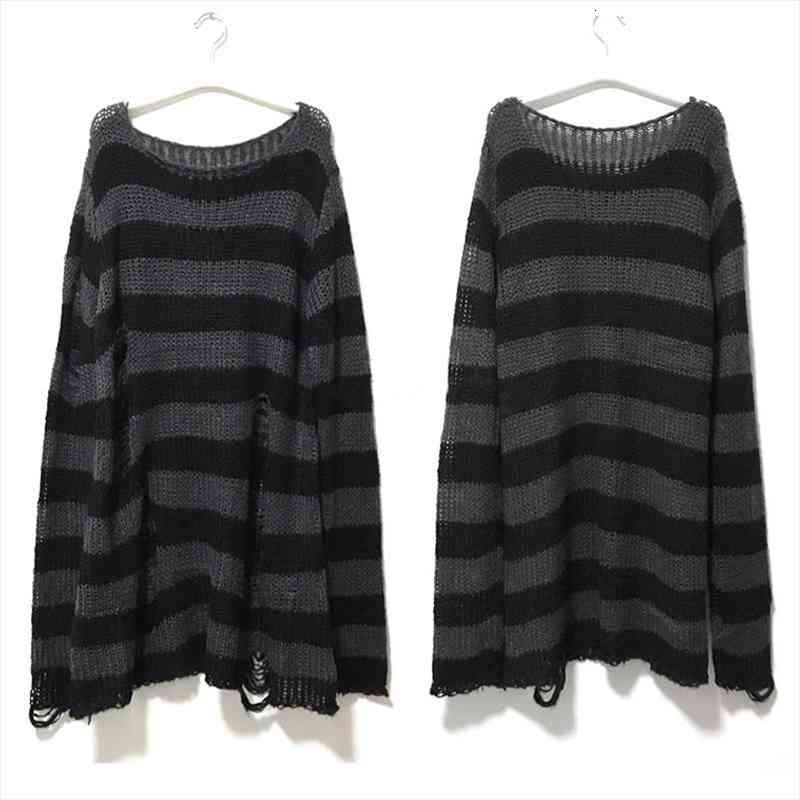 

Punk Gothic Long Unisex Sweater Summer Women Striped Hollow Out Hole Broken Jumper Loose Rock Thin Dark Streetwear Top, White;black
