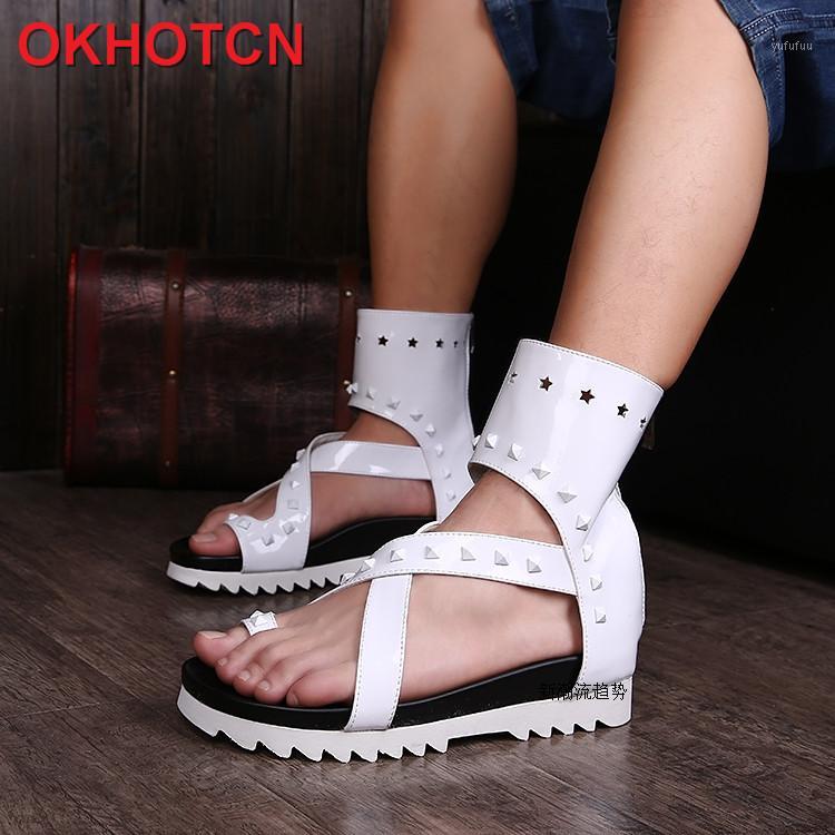 

White Clip Toe Men Patent Leather Sandals Summer Breathable Fashion High Top Shoes Personality Rivet Heel Increased Sandal Boots1