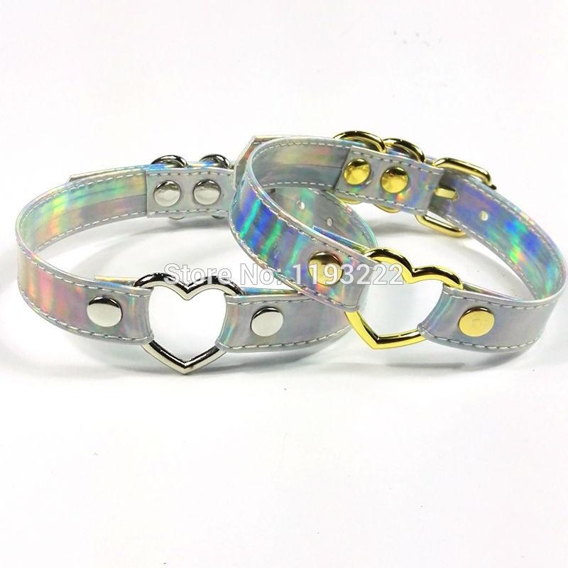 

Designed Women 100% Handmade Sexy Rainbow Choker Holographic Choker Gold Heart Shaped Laser Collar Harajuku Necklace