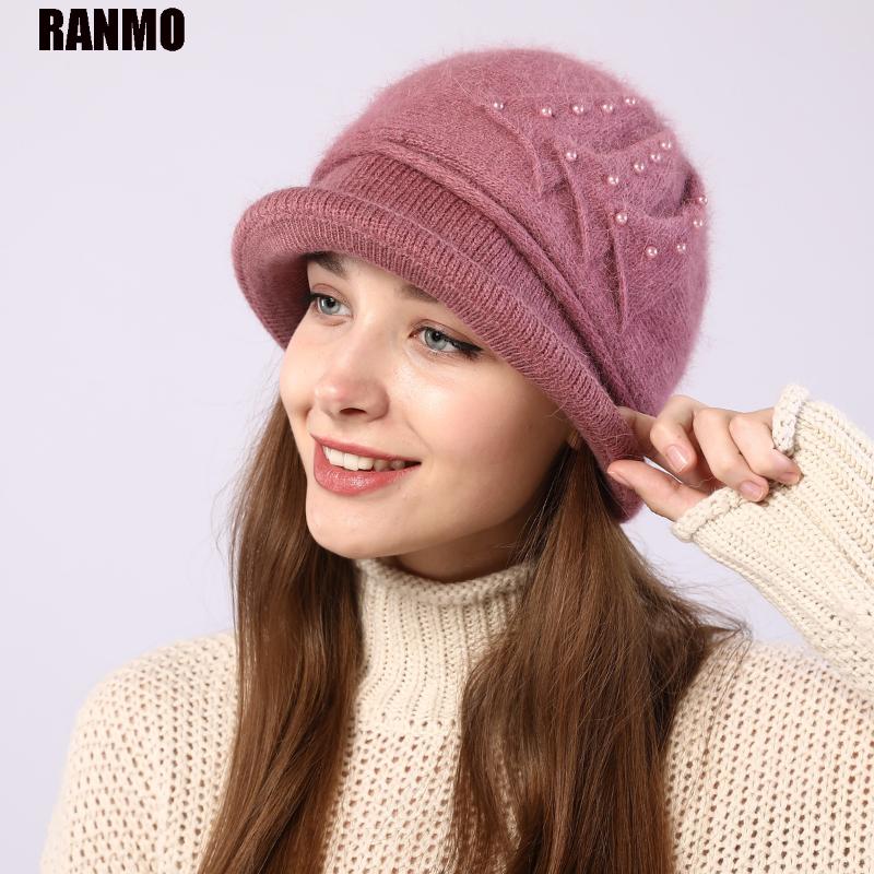 

Beanie/Skull Caps RANMO Women Winter Hats Thick Beaded Soft Fur Casual Knitted Female Korean Vintage Solid Warm Wool Basin Bucket, Khaki