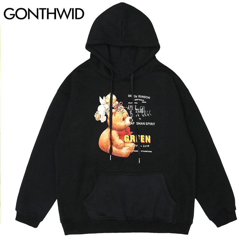 

Hip Hop Streetwear Hoodies Harajuku Angel Bear Print Hooded Sweatshirts 2020 Mens Casual Pullover Hooded Tops Fashion, Black