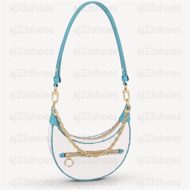 

1854 Jacquard Textile Half-Moon Baguette Bag Ecru/Blue Leather Removable Gold Chain M81094 Loop Handbag, 01