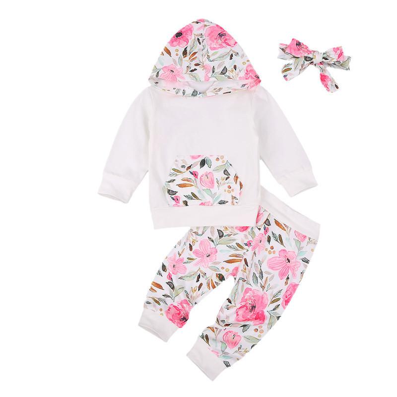 

3pcs Children's Floral Suit Bow Headdress Long-sleeved Hoodie Loose Trousers Girls And Boys Autumn And Winter Clothing, White