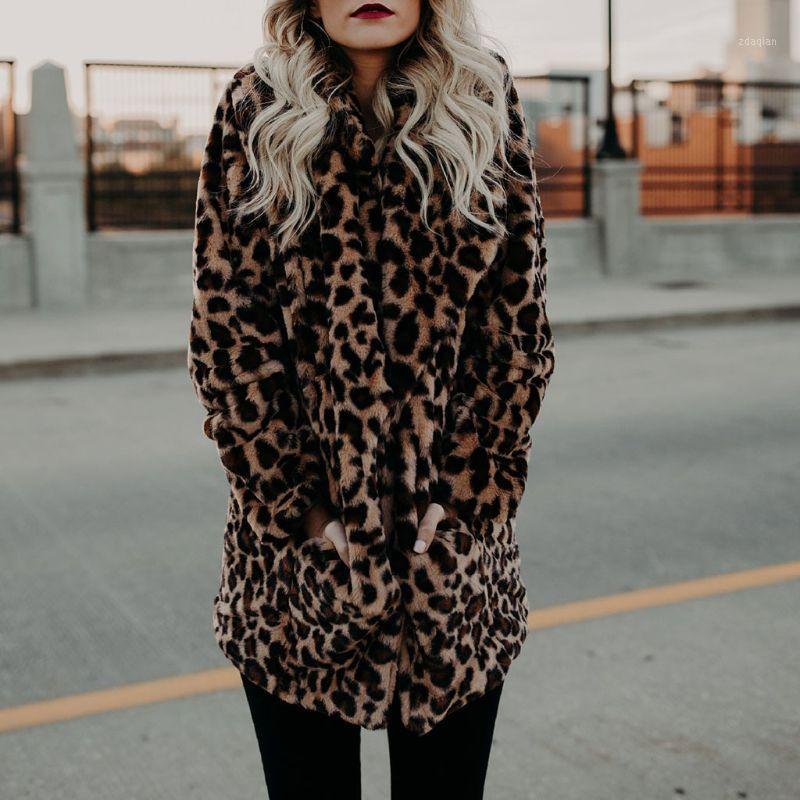 

Winter Artificial Jacket Luxury Leopard Printed Coat Turn-Down Collar Open Front Cardigan Loose Outwear With Pockets Plus Size1, As pic