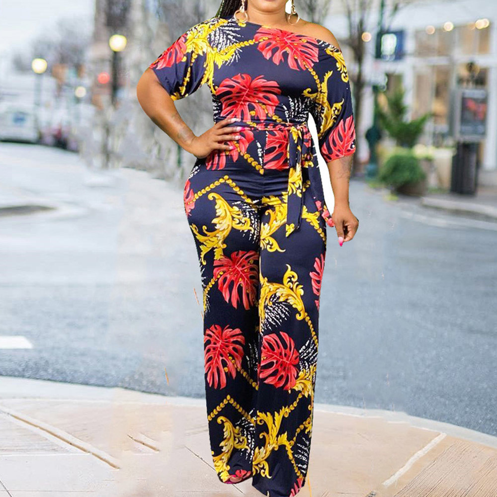 

2021 Women Plus Sexy Size a Vintage Shoulder Half Sleeve Long Pants Wide Legs Party Club African Overalls Wgbs, Black