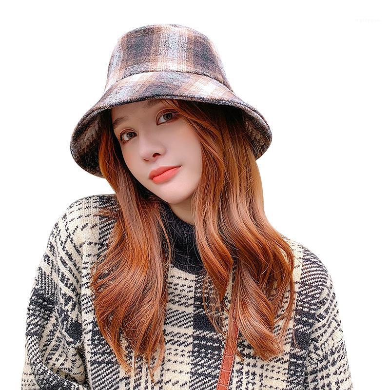 

2020 Autumn Winter Womens Tartan Hat Fedoras Big Brim Hats for Women British Style Vintage Hats Lady Flat Brim Fedoras1