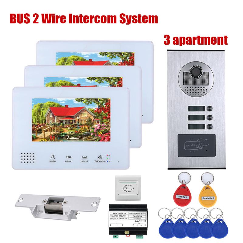 

FREE SHIP 7" Video Door Phone Intercom System RFID Access Doorbell Camera for 2 / 3 / 4 Family Apartment + Electric Strike Lock