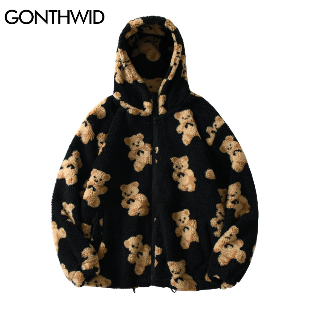 

GONTHWID Fleece Hooded Jaets Streetwear Casual Harajuku Hip Hop Men Women Fashion Bear Print Full Zip Hooded Coat Tops Outwear, Black