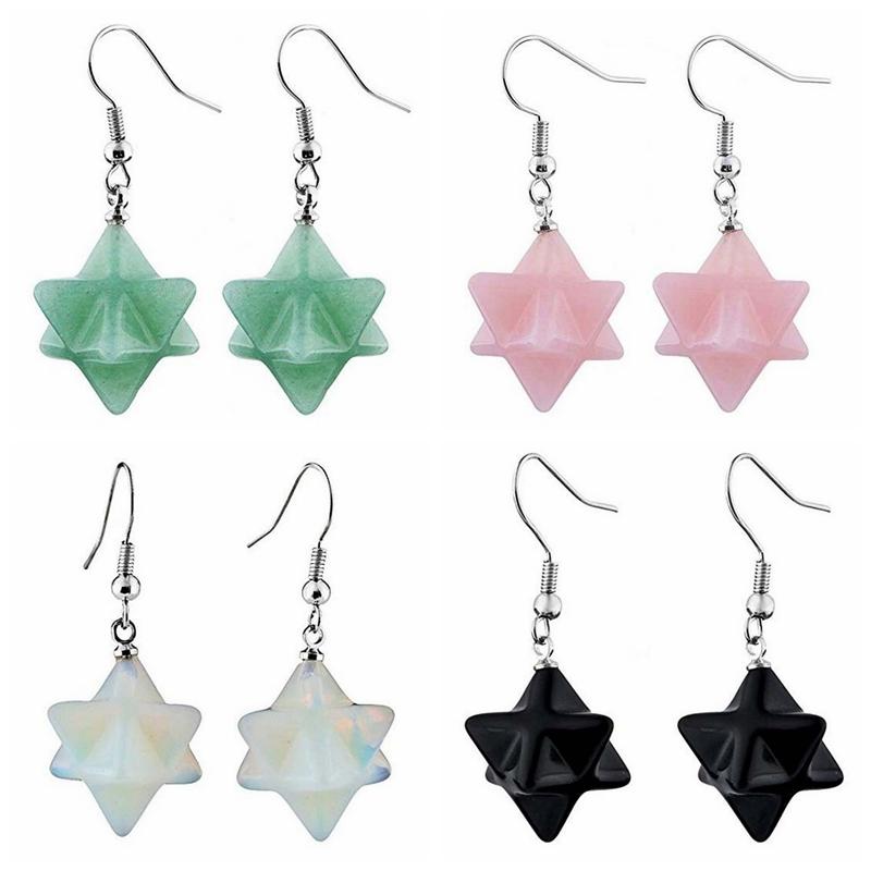 

Bohemian Natural Gem Stone Merkabah Star Drop Earrings for Girl Opal Pink Crystal Polyhedral Reiki Eardrop Dangle Earrings Women