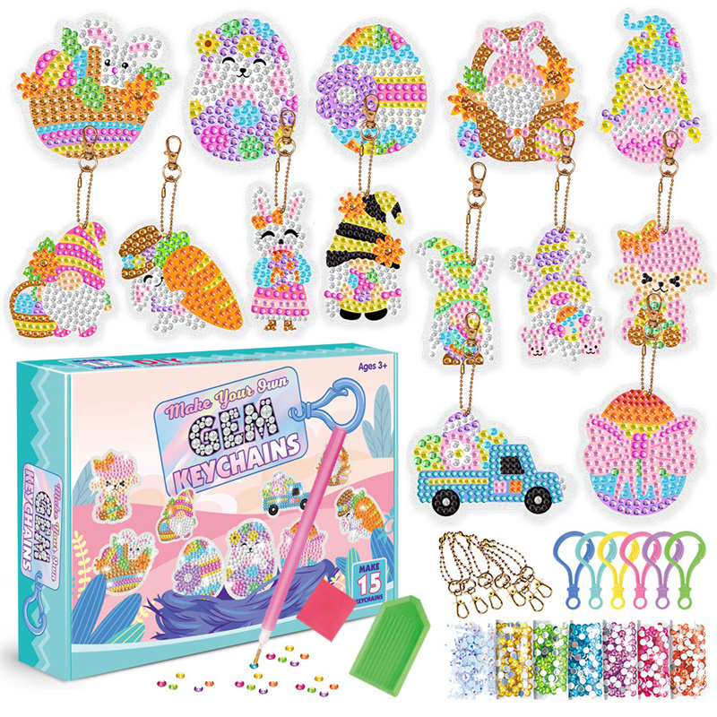 

Easter Party DIY Diamond Keychain Toys Easter Bunny Egg Art Keychains Docorative Pendant for Kids School Bag