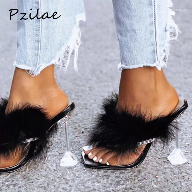 

Pzilae New summer woman slippers feather transparent perspex crystal high heels rhinestone flip flops mules ladies slides shoes1, Black