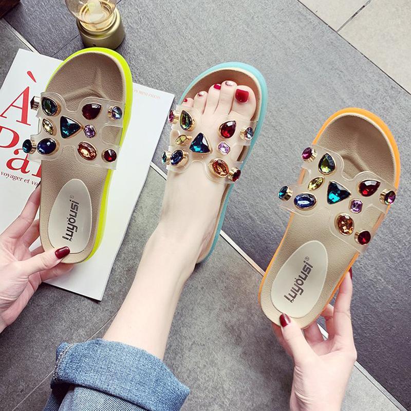 

women summer 2020 spring new style wear fashion versatile water diamond one word drag Korean version of student sandals1, See chart